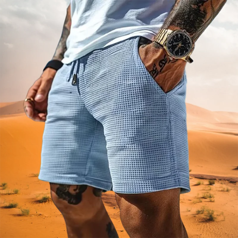 

Эластичные тонкие повседневные шорты на шнурке, мужские шорты для отдыха, лето 2025 г., вафельные клетчатые текстурированные шорты, спортивные дышащие мужские шорты для фитнеса