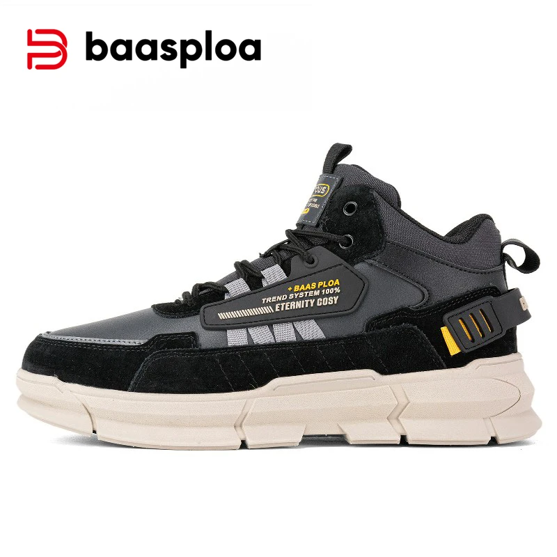 Baasploa New Hiking Shoes Men Winter Warm Waterproof Leather Plush Sneakers Male Casual Non-slip Wear-resistant Walking Shoes