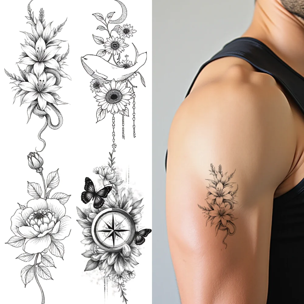 

9pcs Temporary Tattoo Line Art Crescent Moon Compass Roses For Adults Shoulders Ladies
