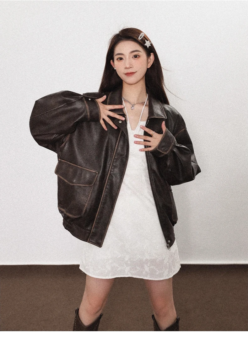 Lautaro Spring Autumn Cool Handsome Soft Vintage Distressed Brown Pu Leather Jacket Women Long Sleeve Luxury Designer Clothing