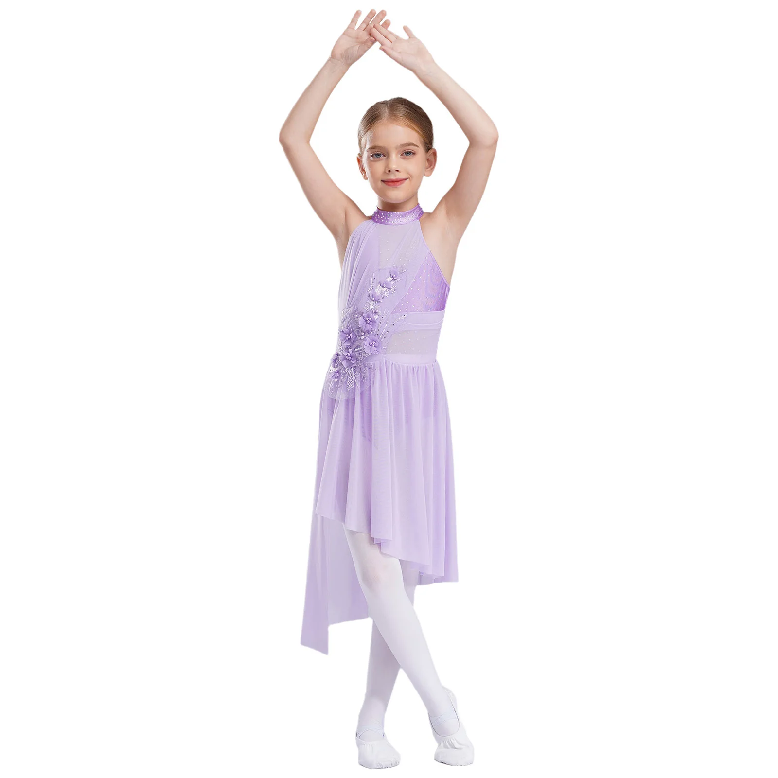 Girls Applique Ballet Figure Skating Dress Rhinestone Gymnastics Leotard Dress Sleevesless Mesh Splice Competition Dance Costume