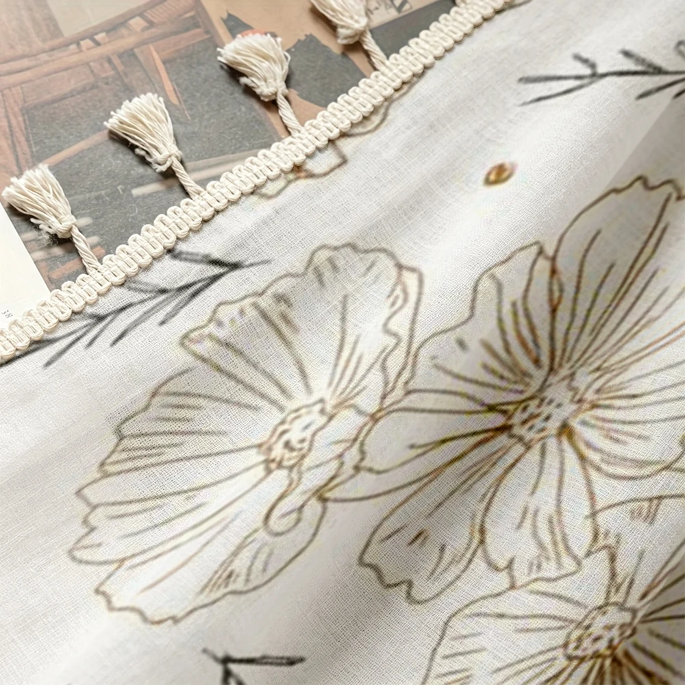 1PC Luxury Tassel Sheer Curtains, Gold Line Floral, Digital Print, Linen Polyester, Bedroom Living Room Kitchen, Home Decor