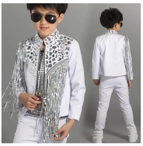 

Boys Singer Stage Show Wear New Hip Hop Costume Children White Jacket Silver Sequined Tassel Coat Jazz Dancing Clothes