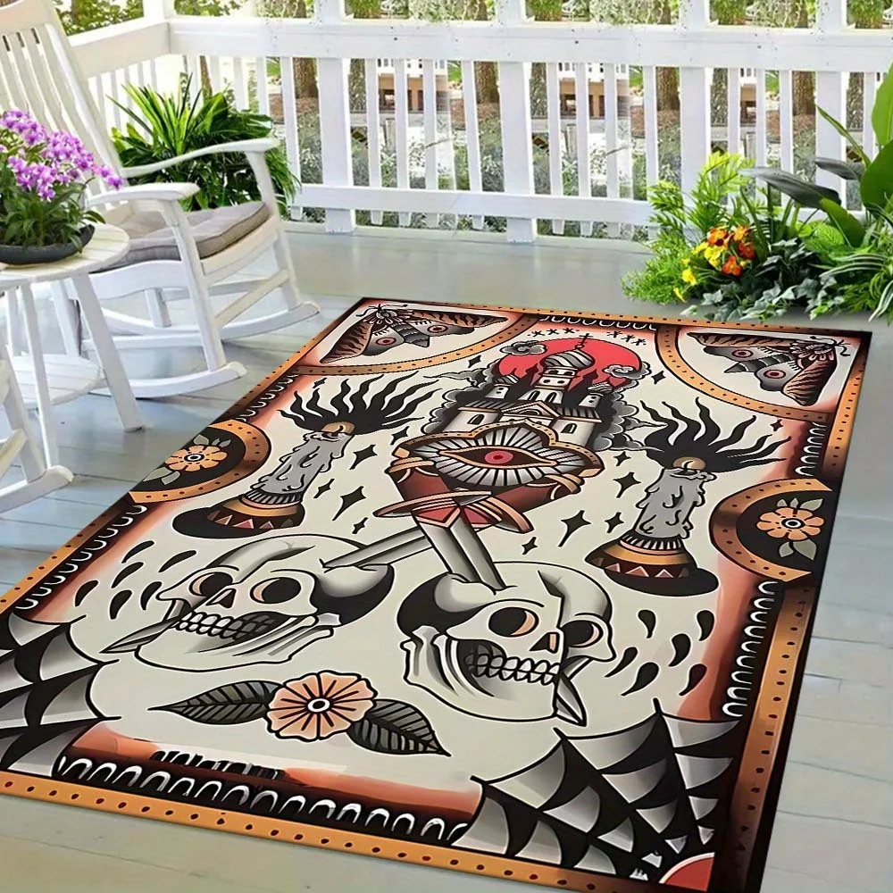 Skull Tattoo Outdoor Carpet Floor Mat - Non-Slip Decorative Rug for Patio Camping Tent Footprint Living Room Bedroom