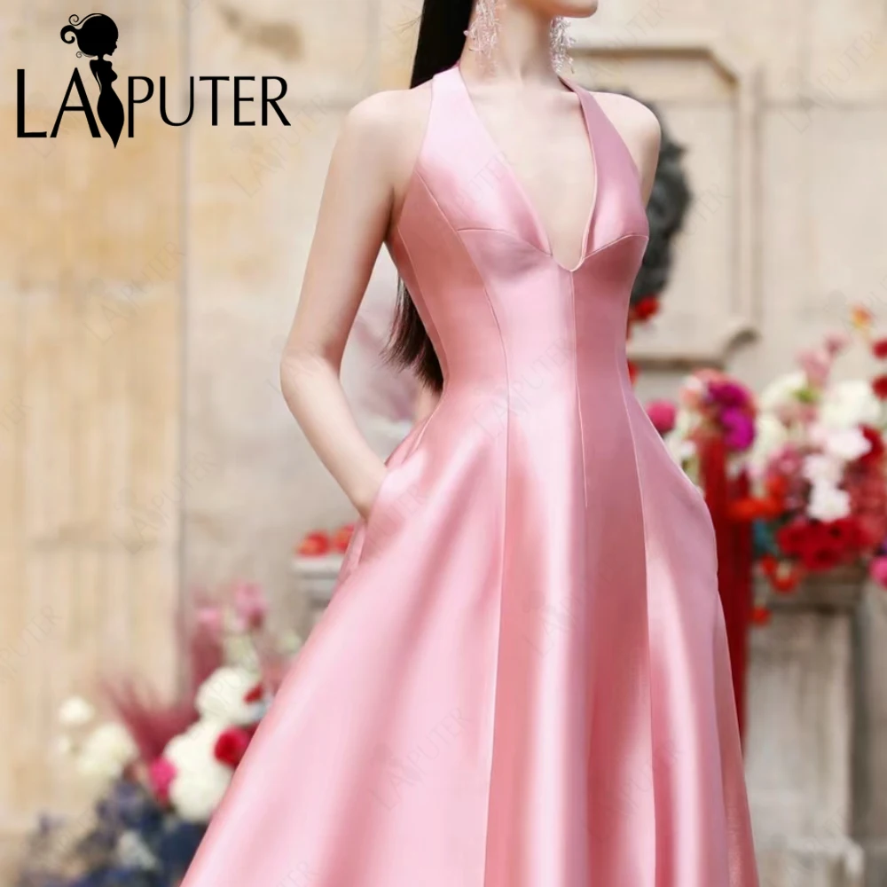 Unique Cut Pink Evening Dresses Simple Pink Satin A line Prom Gown Halter V neck Celebrity Dress Box Pleat New Design 2024