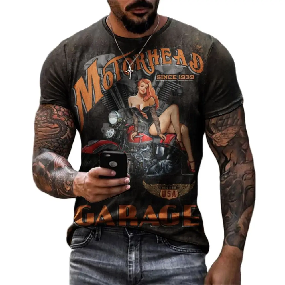 Vintage Motorcycle T-shirt For Men Summer O-Neck Loose Short Sleeve Hip Hop Tee Shirts Streetwear Tops Oversized Men Clothing