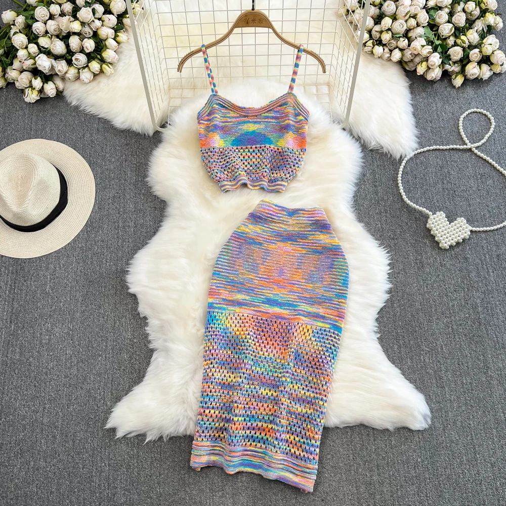 

Women Knit Skirt Camis Set Lady Hotsweet Y2L Ins Chic Suit Outfit Festival Party Rainbow Hit Color Tropical Sexi Night Club Set