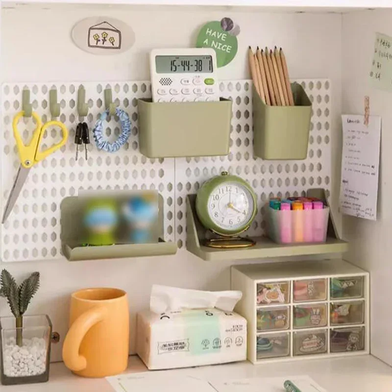 Hole Board Dormitory Wall Shelf Kawaii Free Punching Adhesive Students Study Wall Mounted Storage Rack Home Decoration Organizer