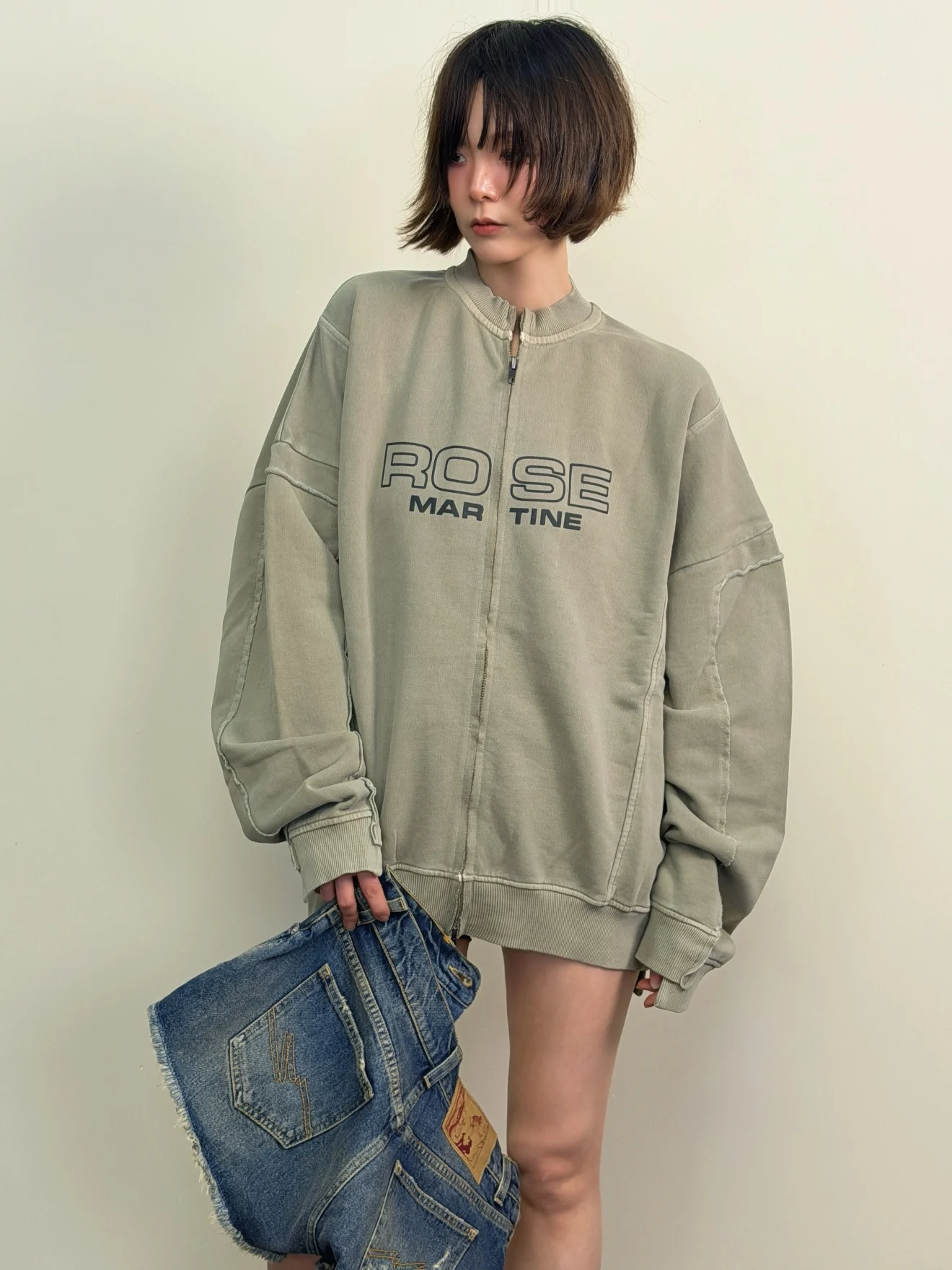 

Martine Rose 26SS Military Green Basic Logo Print Jacket Deconstructed Patchwork Asymmetric Cotton Casual Long Sleeve Zipper