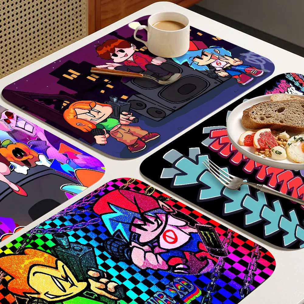 Friday Night Funkin Game Kitchen Draining Mat Tableware Pad Coffee Dish Drying Mat Placemat Bathroom Kitchen Drain Pad