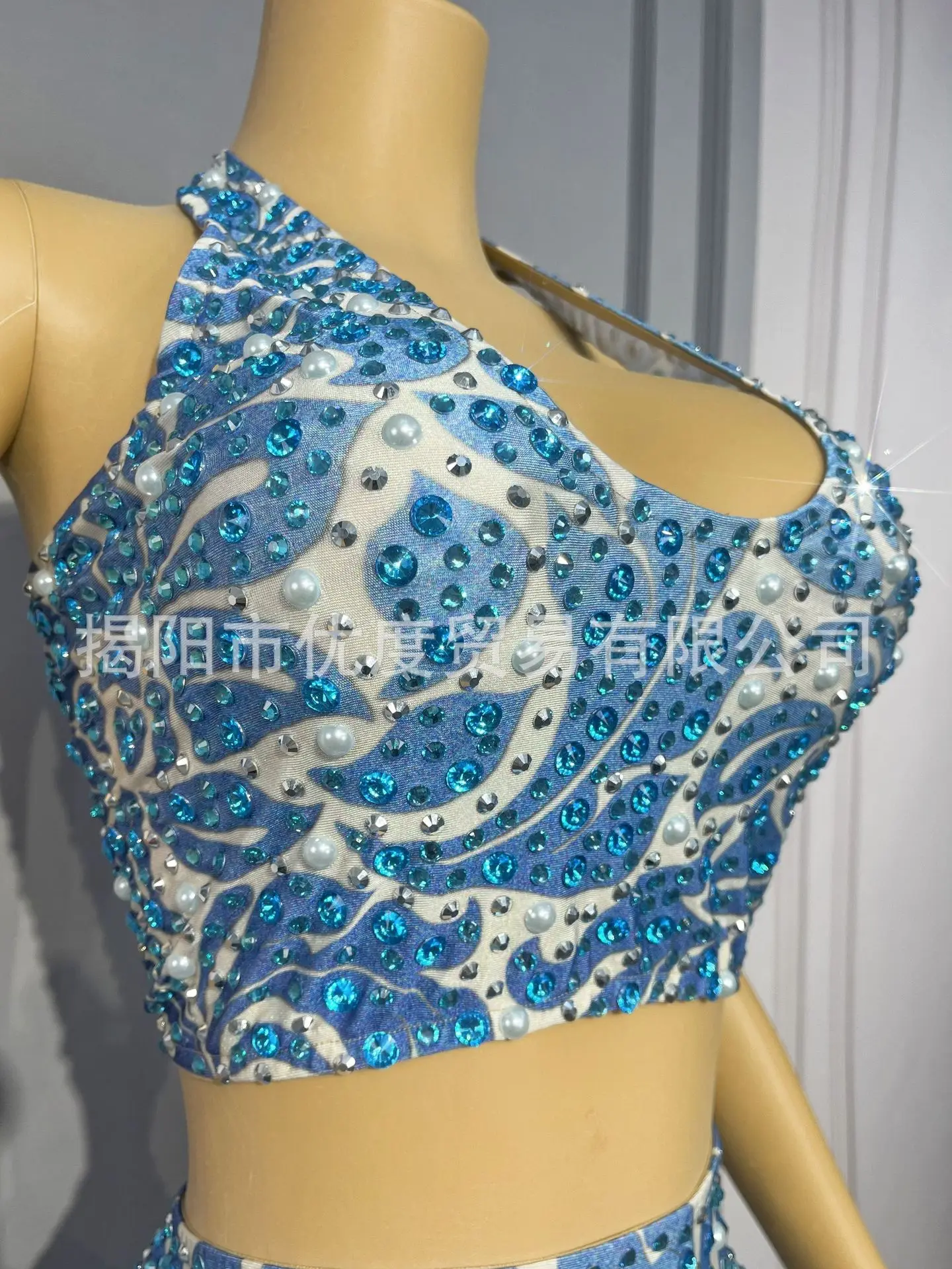 الأزرق حجر الراين سترة السراويل قطعتين مرونة اليوغا البدلة مرحلة الأداء دعوى ليلة حزب زي الأزرق لهب زهرة شبكة فساتين #5