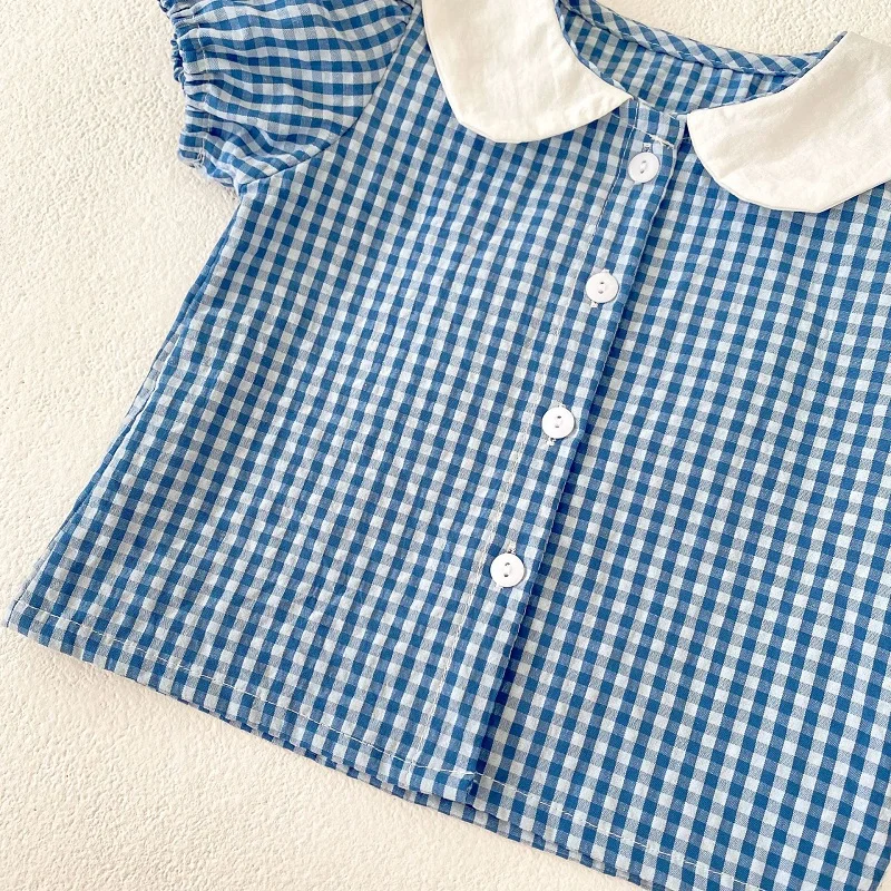 2024 Summer Baby Girl Clothes Set 0-3Years Newborn Kids Short Sleeve Bunny Collar Plaid Shirt Tops+Bloomers Shorts 2PCS Outfits image 5