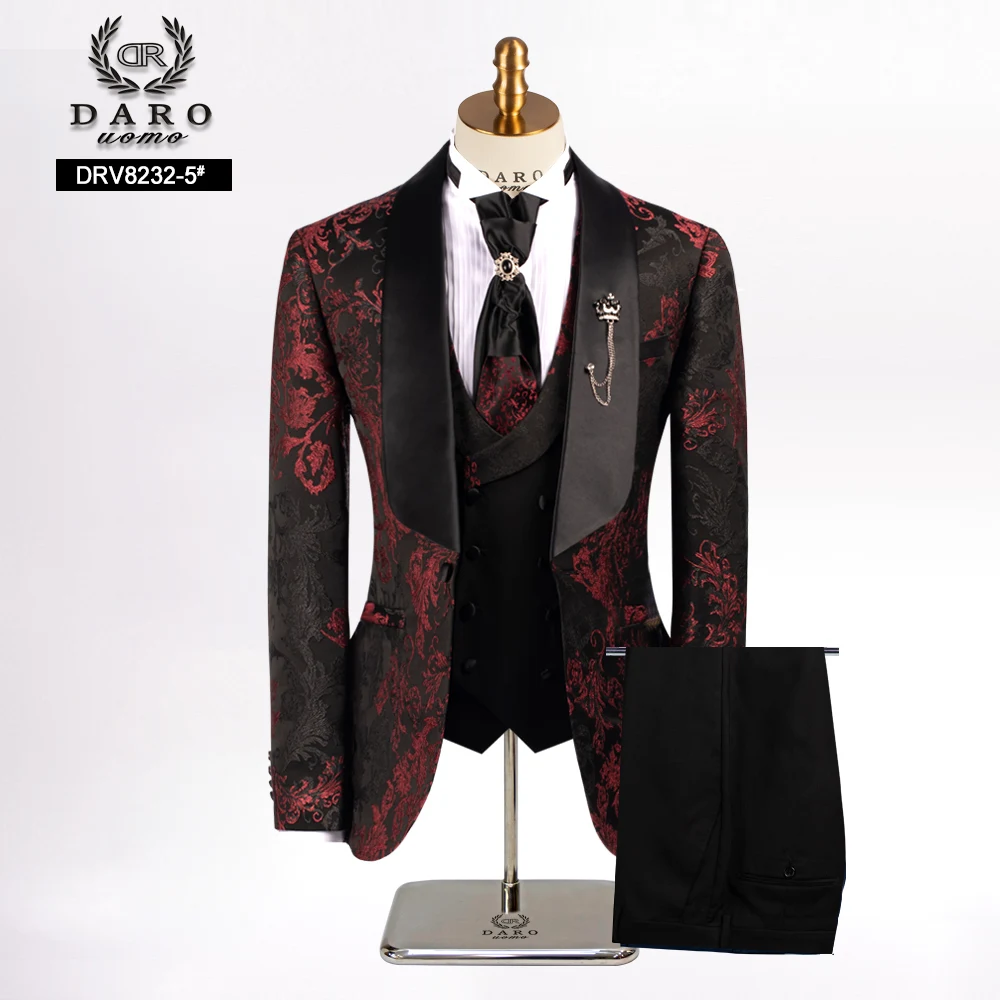 DARO2024 Floral Jacquard Wedding Suits for Men with Stand Collar Double Breasted Formal Groom Tuxedo Jacket Vest Pants 3 Piece