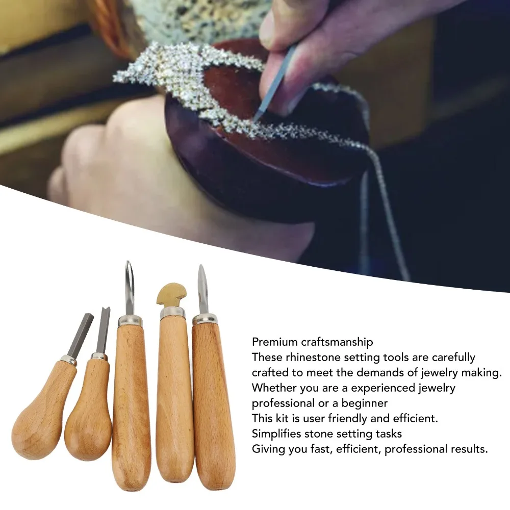 5Pcs Stable Grip Wood Handle Setting Tool Ergonomic Special Shape Prong Pusher Durable Tip Jewelry Tool Carving