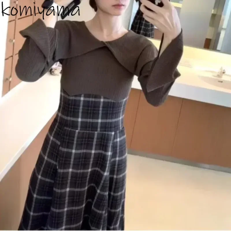 Fake Two Trumpet Dresses Hit Color Plaid Knit Vestidos Laple Neck Long Sleeve Vestido Japan Dress 2025 Spring New Ropa Mujer