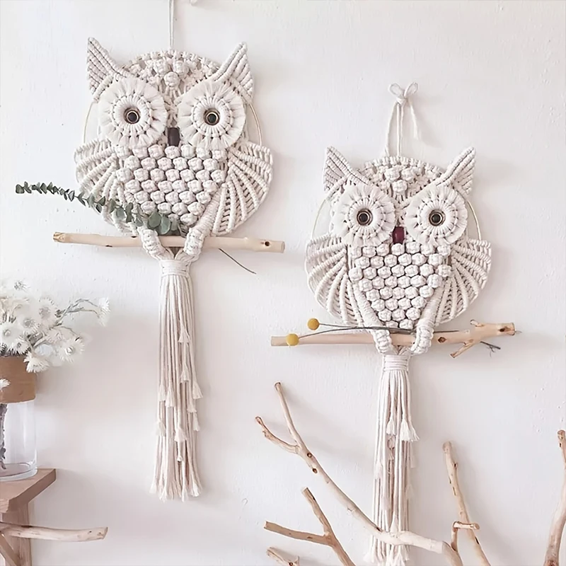 1PC New Handmade Woven Owl Macrame Tapestry Wall Hanging Room Decoration Bohemian Style Art Animal Pendant Nursery Ornament