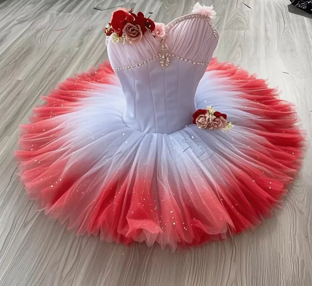 Luxury Flower Fairy Ballet Tutu Dress, Pink Blue Gradient Glitter Hard Tulle Tutu With 3D Fabric Flowers, Classical Variation St