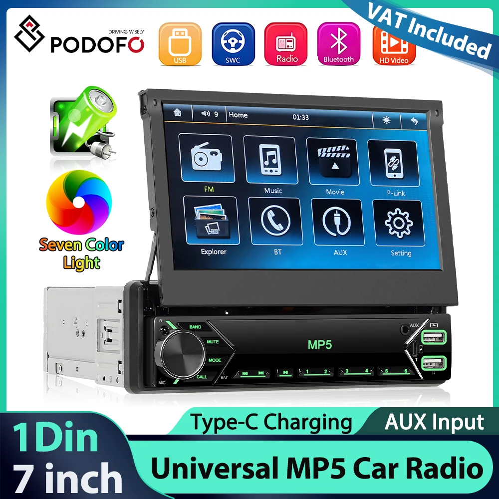 Podofo Autoradio 7'' con Schermo Retrattile, Lettore Multimediale MP5 1Din, Bluetooth, Mirror Link, Touch Screen, EQ, Ricarica Type-C
