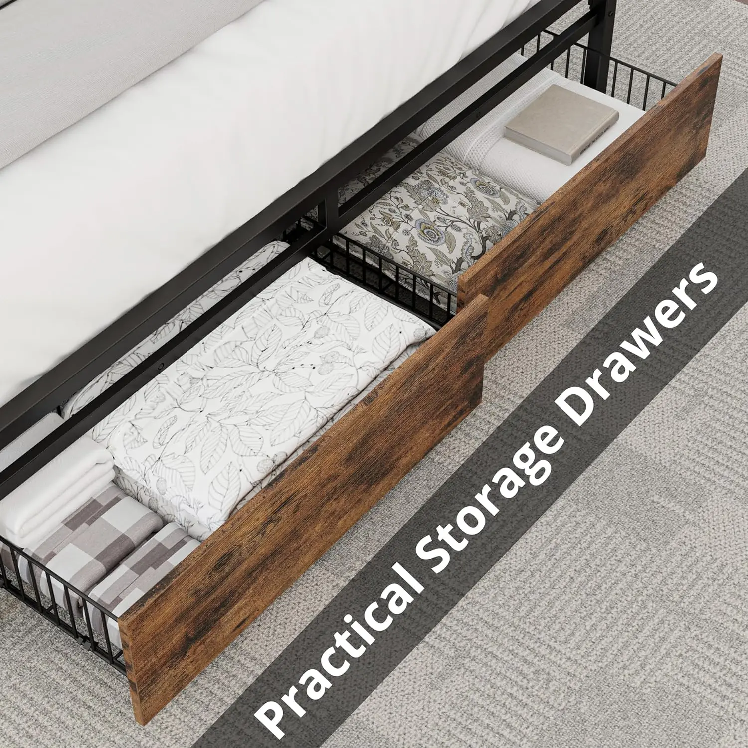 Bed Frame with Storage Drawers, Platform Bed with Headboard and Charging Station, No Box Spring Needed, Easy Assembly