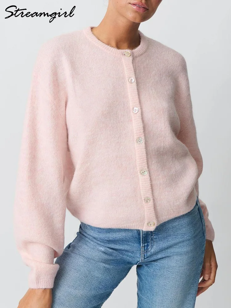 

Streamgirl Loose Cardigans 2025 Women Knitted Jackets Fall Clothes O Neck Knitwear Long Sleeve Pink Cardigans For Women Winter