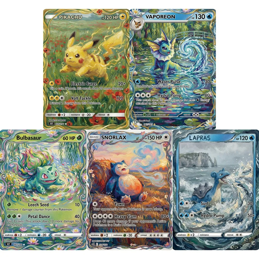 

Коллекционные карты Pokemon (5 шт.): Vaporeon, Snorlax, Bulbasaur, Lapras, Monet Style PTCG. Карточки для хобби, игр, аниме. Подарок.
