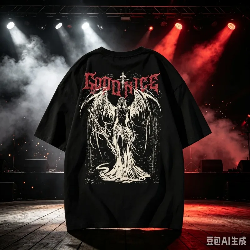 2026 Summer Heavy Short-sleeved T-shirt American Retro Sword-wielding Angel Printed Short-sleeved Men's and Women's Loose Top