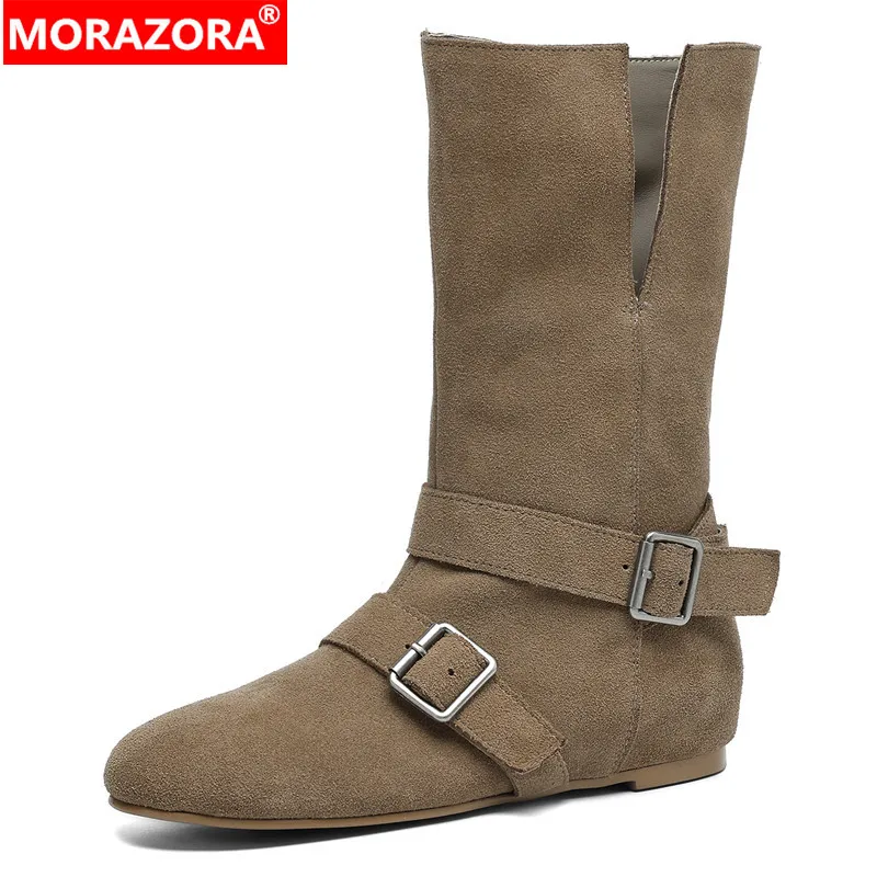 MORAZORA 2027 New Genuine Leather Boots Women Height Increasing Ankle Boots Buckle Handmade Ladies Western Boots