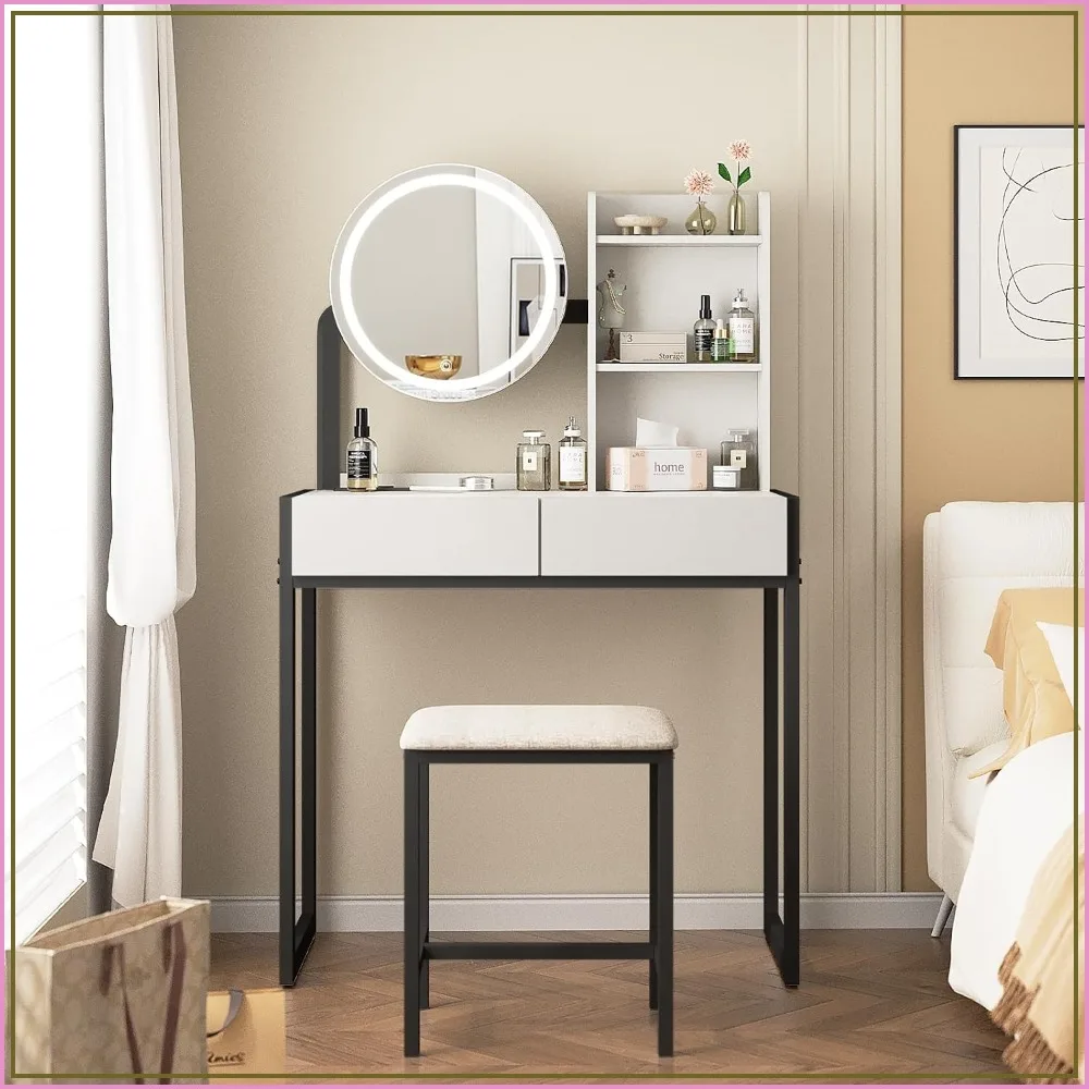 Small Vanity Desk with LED Mirror, 3 Light Modes, Power Outlet, Drawer, Shelves, Stool, Black