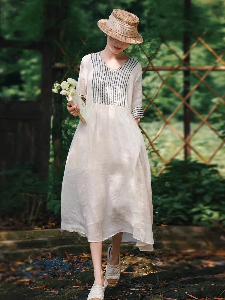 

Elegant V-Neck Pure Flax Dress Women's Summer New Artistic Loose Slimming Embroidered Cotton Linen Skirt Mid-Length A-Line Dress
