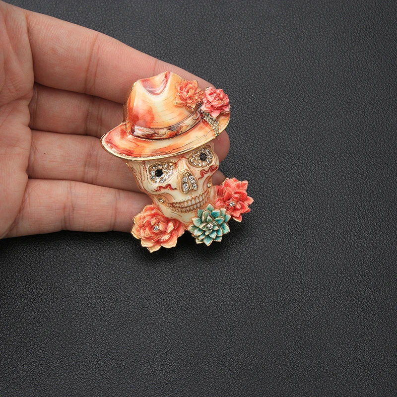 Sugar Skull Flower Hat Brooch Enamel Rhinestone Day Of The Dead Skeleton Lapel Pin Halloween Jewelry Gift