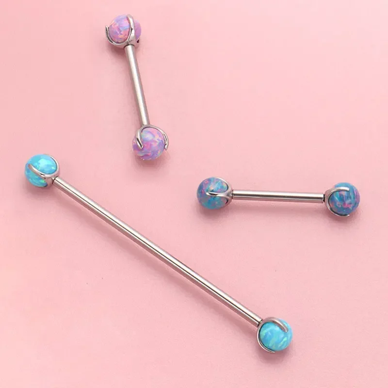 ASTM F136 Titanium Nipple Piercing 14G Internally Threaded Straight Barbell with Opal Tongue Ring Nipple Industrial Piercing