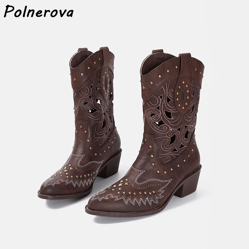 

Embroidery Hollow Rivet Ankle Boots Pointy Toe Chunky Heels Slip On Brown Shoes Women's Fashion Sexy Solid Western Style Shoes