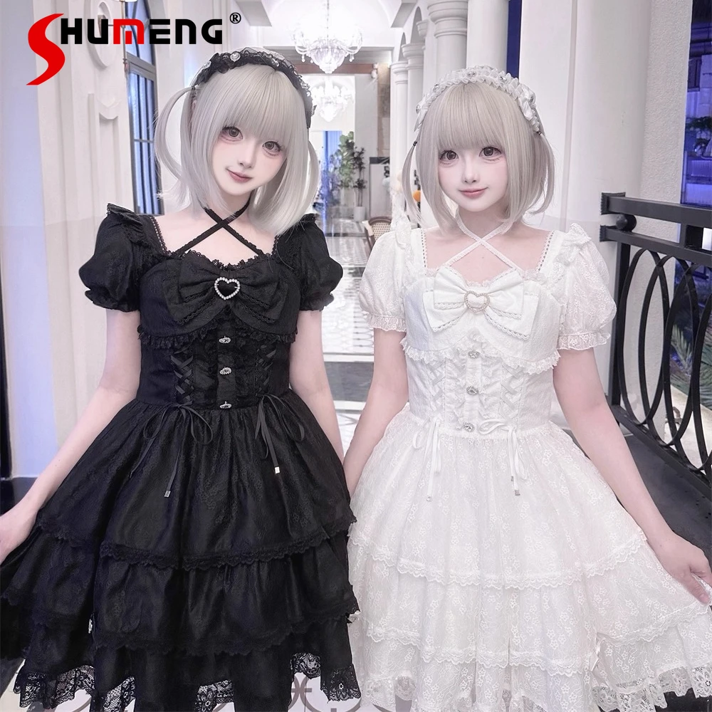 

Original Japanese Mines Style Mass-Produced Square Neck Bowknot Puff Sleeve Lace-up Slim A-line Sweet Lolita Short Dress Women