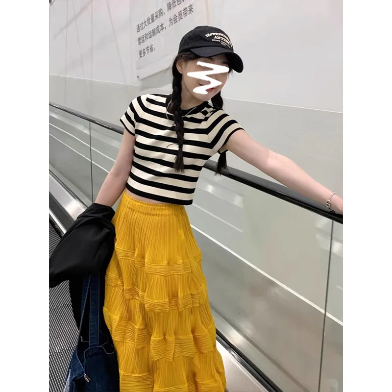 Pleats Pleated 2024 Fall New Half-body Skirt Women Loose Thin High Waist Solid Color Versatile Casual Pleated Mid-length Skirt