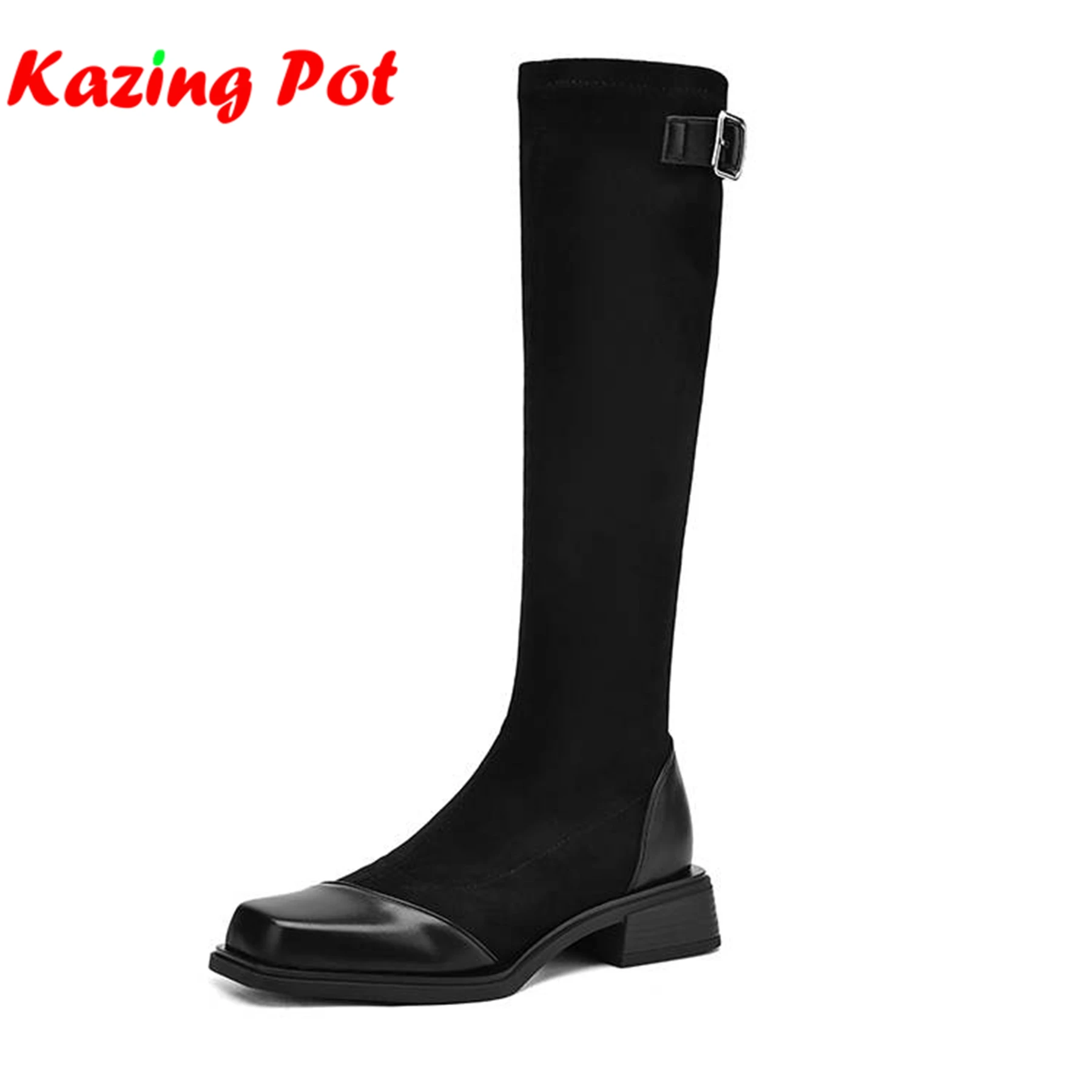 

Krazing Pot 2026 Сапоги из микрофибры с нашивкой для верховой езды на толстом каблуке с квадратным носком, повседневные британские школьные высокие сапоги до бедра на молнии большого размера