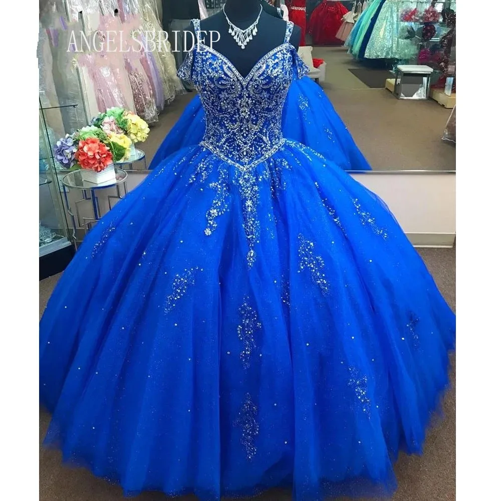 Angelsbridep vestido De baile azul real para Quinceañera, Vestidos De Quinceañera De 15 años, cuentas De cristal brillantes para niñas De 15 años