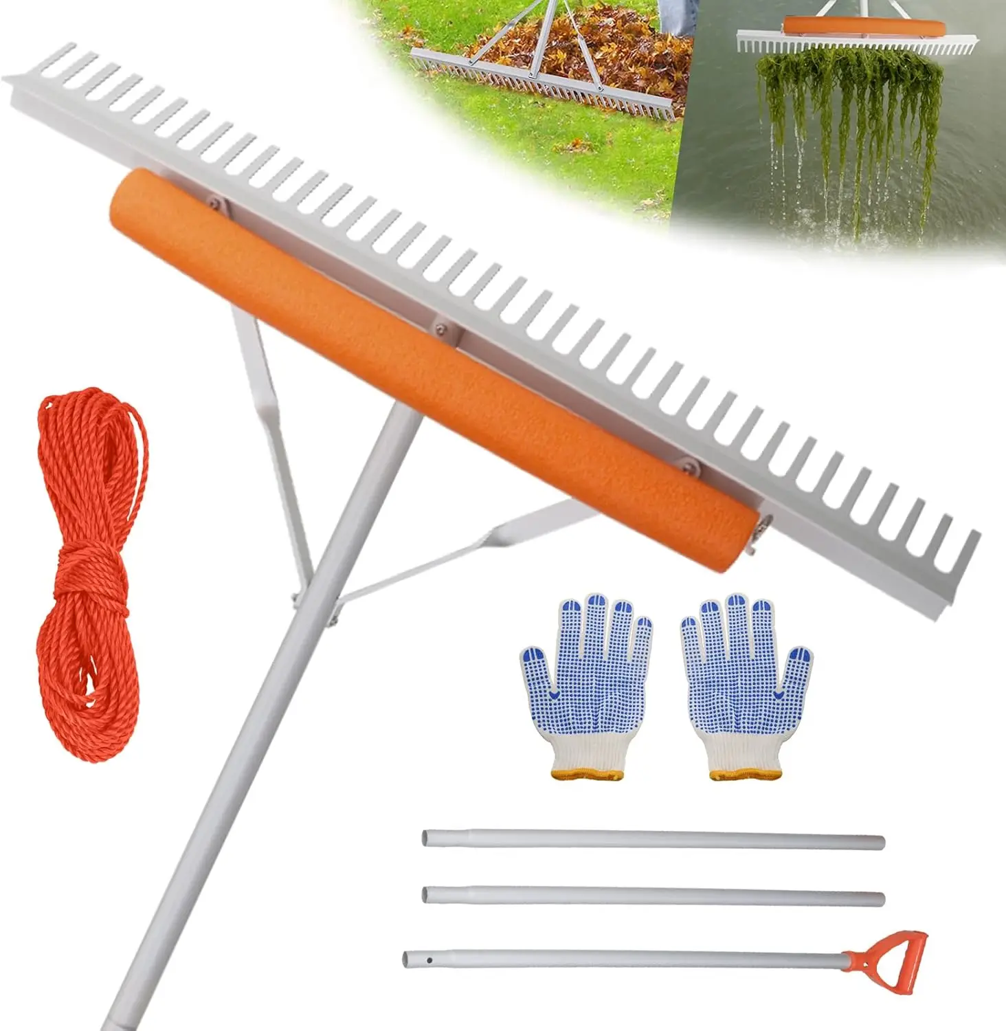 

36-Inch Floating Pond Rake, Extensible to 133 Inches with Folding Design and Rope for Aquatic Weed Removal