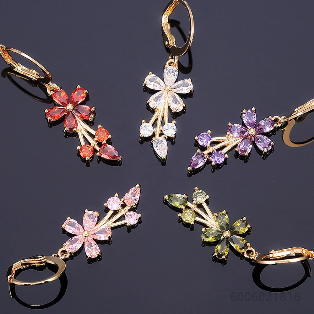 925 Sterling Silver White/Green/Pink/Purple/Red Zircons Flower Drop Earrings For Women Wedding Fashion Party Gifts Jewelry