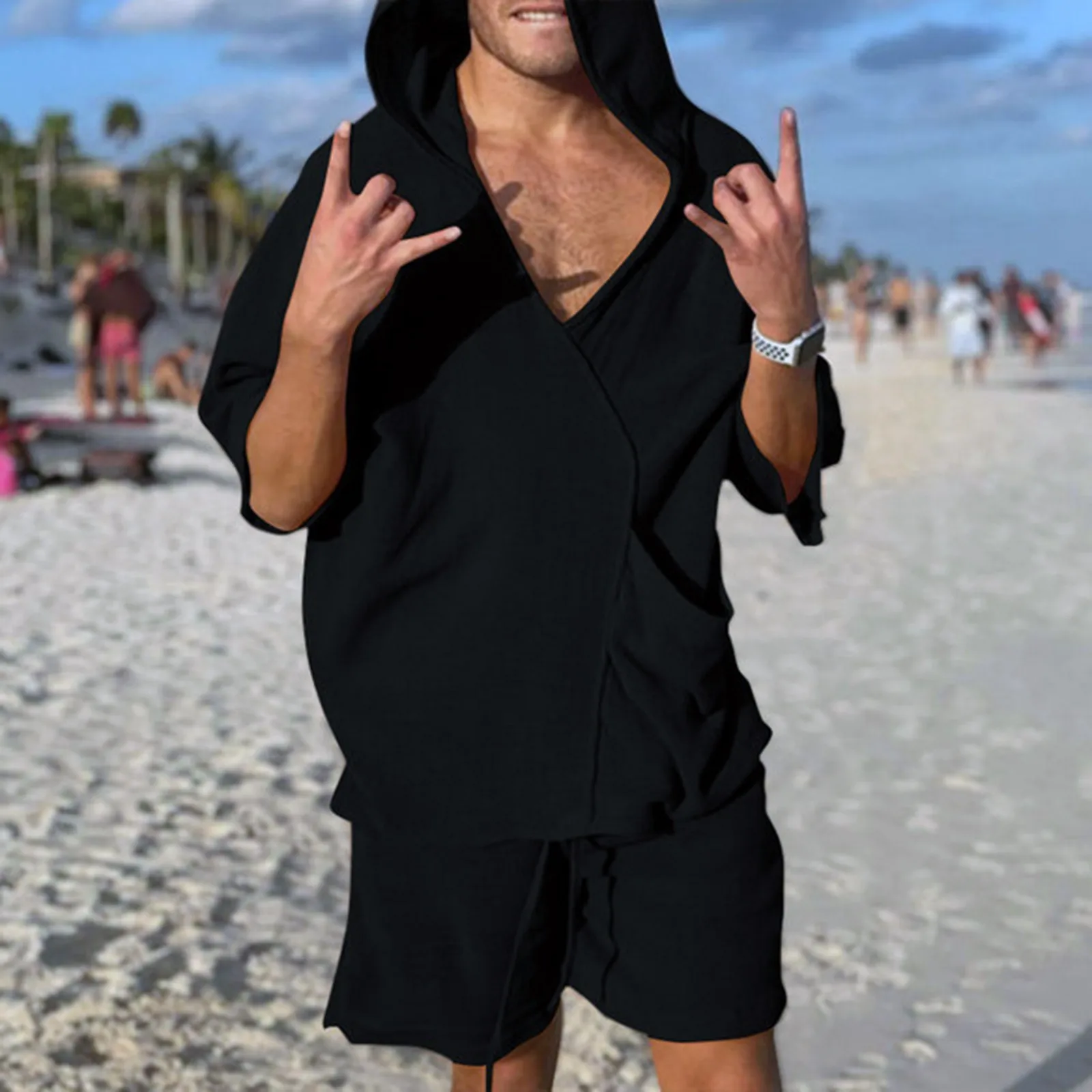 

2023 New Cotton Linen Hooded Suit Solid Color Retro Casual Beach Vacation Two Piece Set Fashion Hip-hop Shorts Sets Summer Shirt