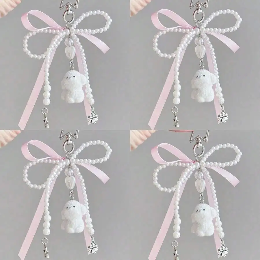 1pc Unisex New Adorable Flocked Dog & Bone Bead Charm Phone Pendant Keychain, Creative 3D Dog Keyring Accessory Car Accessories