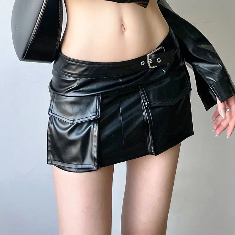 High street metal buckle PU leather mini skirts for women low waist pocket y2k workwear sweetheart gothic leather black skirt