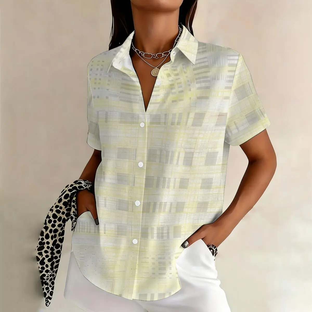

Simple and personalized ink dyed checkered print summer women's plus size lapel short sleeved shirt fashionable versatile top