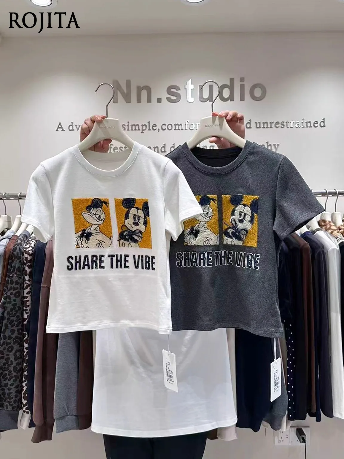 

Осень-зима, толстая матовая футболка с коротким рукавом, женская осень 2023, новый европейский стиль, облегающий короткий топ с мультяшной вышивкой