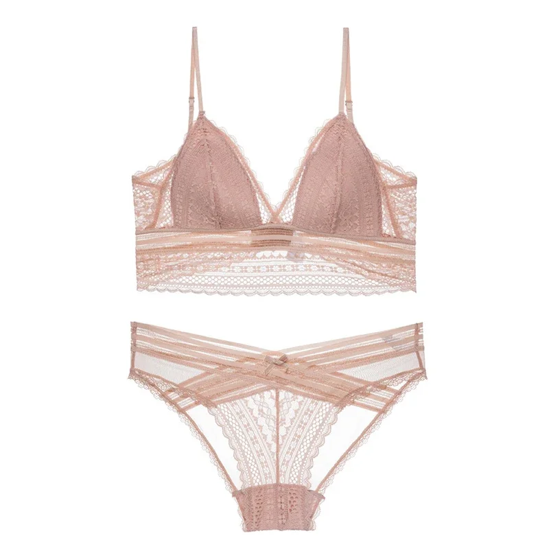 섹시한 프랑스어 레이스 U 큰 등받이 브래지어와 팬티 세트 속옷 무선 삼각형 얇은 컵 란제리 여성 2020 새로운 Bralette