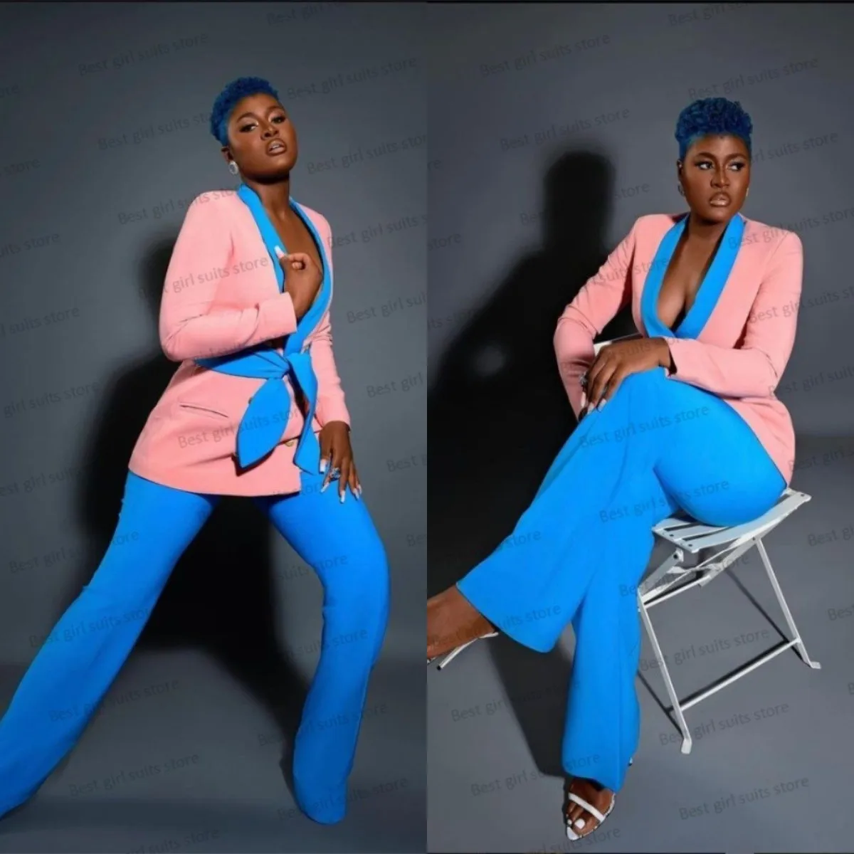 Splicing Colors Women Suit Set Blazer+Flare Pants 2 Pieces Blue And Pink Coat With Belt Formal Guest Prom Dress Custom Made