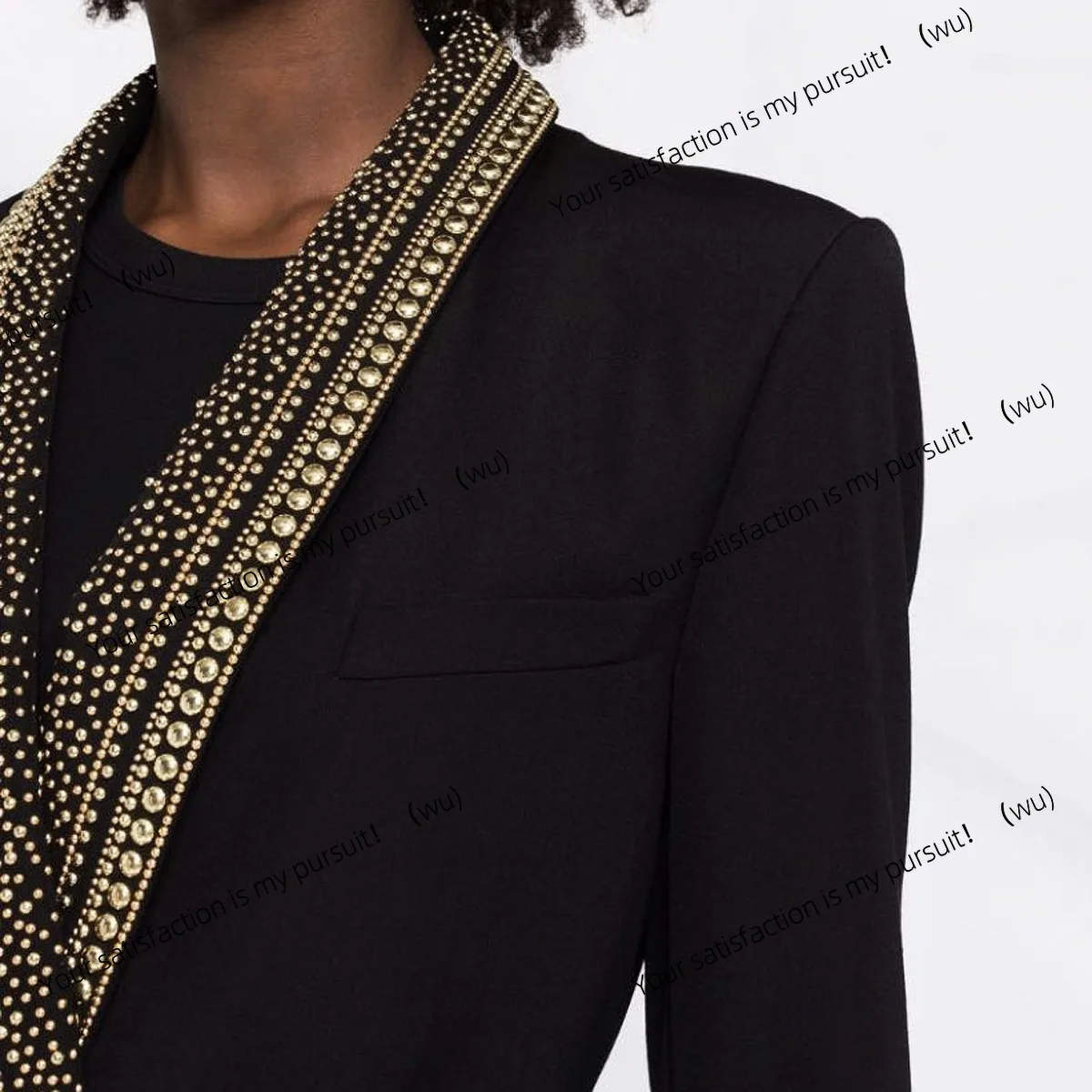 Blazer wanita model panjang sedang, kerah hijau buah, dengan aksen sabuk film bronzing, warna hitam dan putih, koleksi busana musim semi dan gugur.