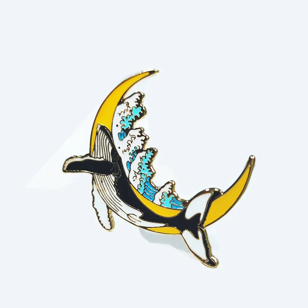 Blucome New Design Quality Copper Brooch Cute Anime Whale Moon Brooch for Women Party Dress Hat Suit Hijab Pins Fa