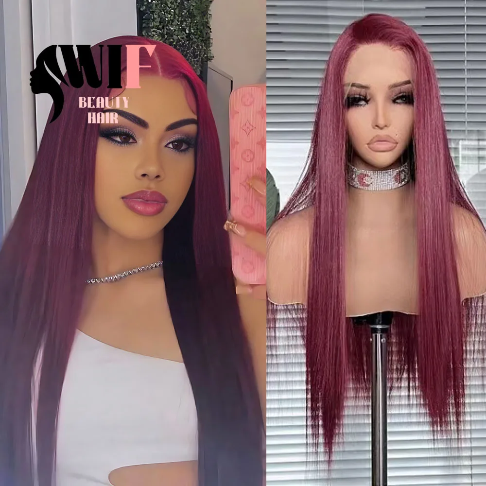 

WIF Бордовые волосы Шелковистые прямые парики фронта шнурка Свободная часть Темно-винно-красного цвета Синтетические парики Вечеринка Косплей Использование прямых красных волос