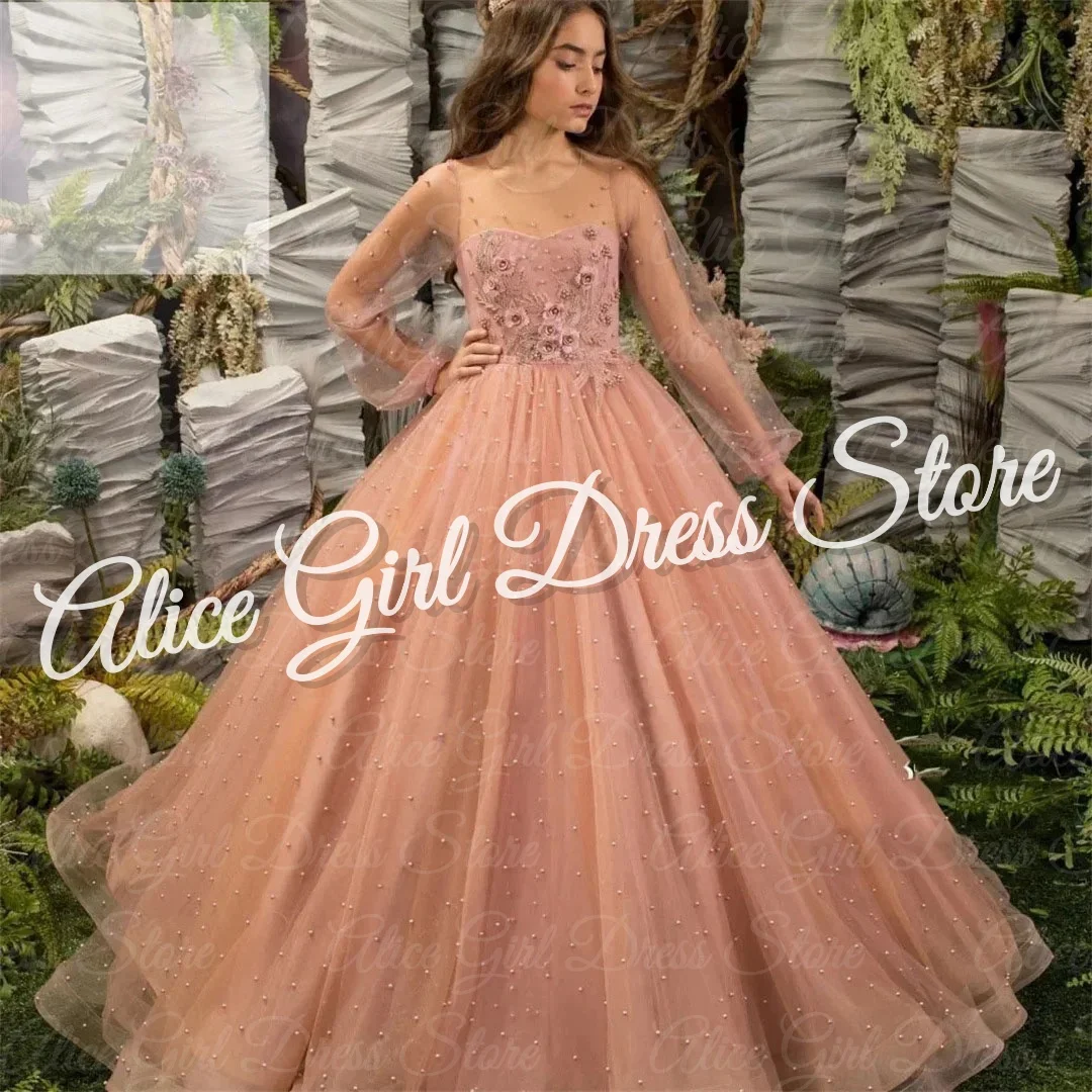 Customized Pink Flower Girl Dress Lace Appliques Full Sleeves First Communion Ball Birthday Graduation Ceremony Wedding Party