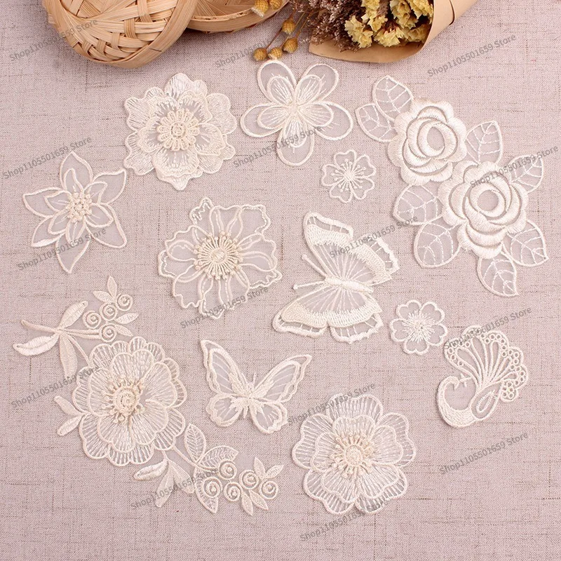 For beige lace cloth sticker embroidery three-dimensional flower pattern, clothes hole decoration sticker 10pcs